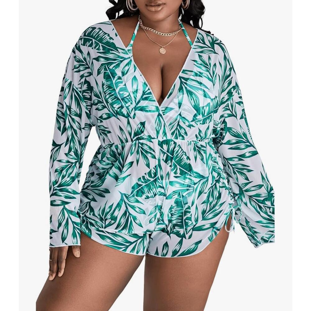 Women's White Green Palm Tree Mesh V Neck Long Sleeve Cover Up Romper Sz 2XL‎